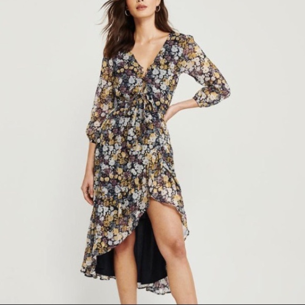 NEW Abercrombie and Fitch Ruffle Hem Midi Dress black floral NWT with scrunchie